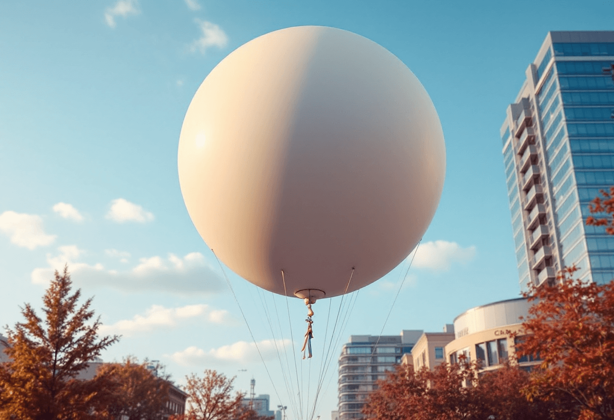 Ballon publicitaire blanche au-dessus d’une place urbaine